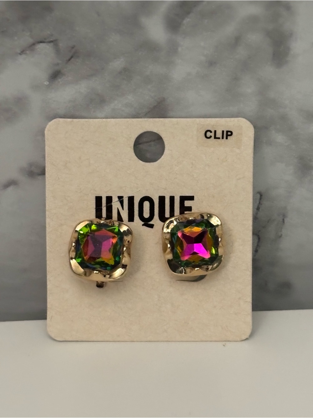Volcano Gold-Tone Clip-On Earrings with Multicolor Iridescent Squares